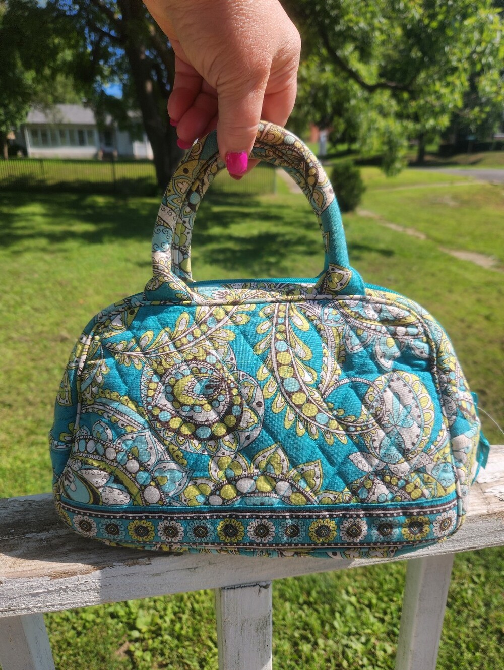 Vera Bradley Vintage Team Peacock Paisley Bowler Satchel Quilted Bag - Picture 2 of 10